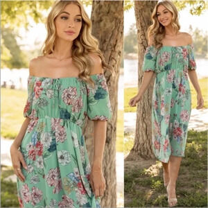 Sage Mint Floral Off Shoulder Midi Dress | Boho Spring Summer Outfit